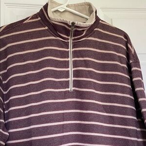 Men’s LT LL Bean quarter zip rugby long sleeve burgundy/tan horizontal striped